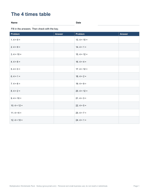 Preview of the first page of 4 times table