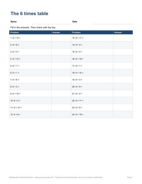 Preview of the first page of 6 times table