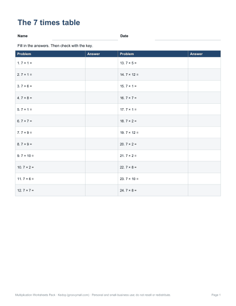 Preview of the first page of 7 times table